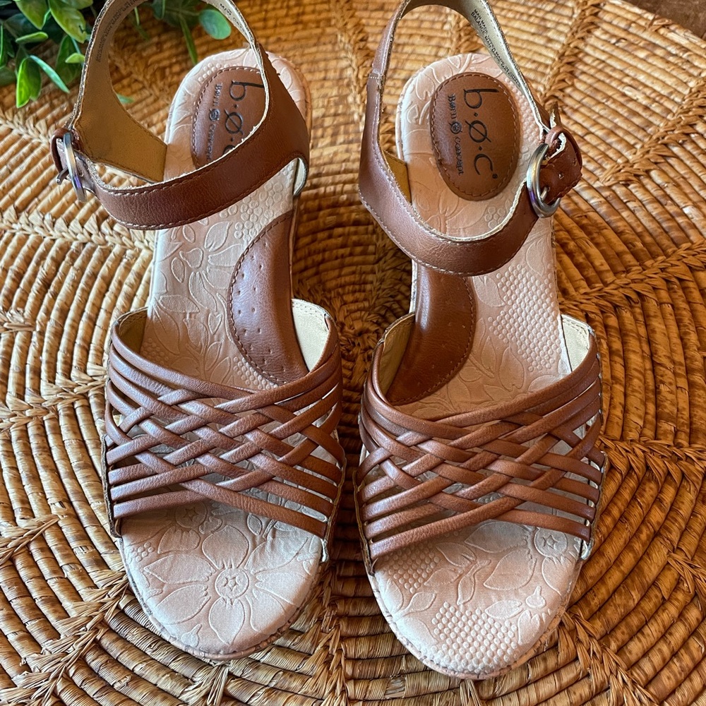 {b.o.c.} Cognac Colored Criss Cross Cork Heel Wedges